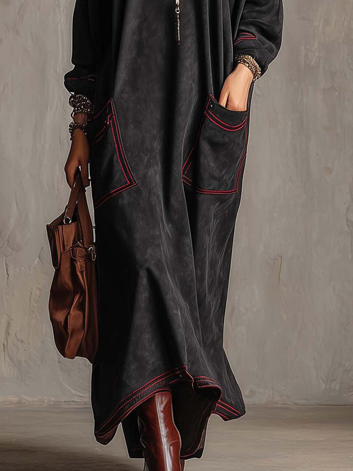 Marielle | Robe Maxi en Suédine Noire à Coutures Contrastées Rouges et Poches Plaquées