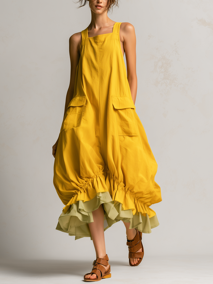 Danielle | Robe Midi Bulle Sans Manches à Grandes Poches, Superpositions et Ourlet Volanté