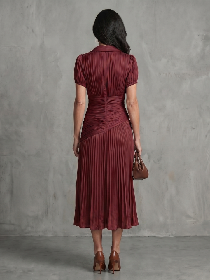 Theodora | Robe Midi à Rayures Taille Plissée