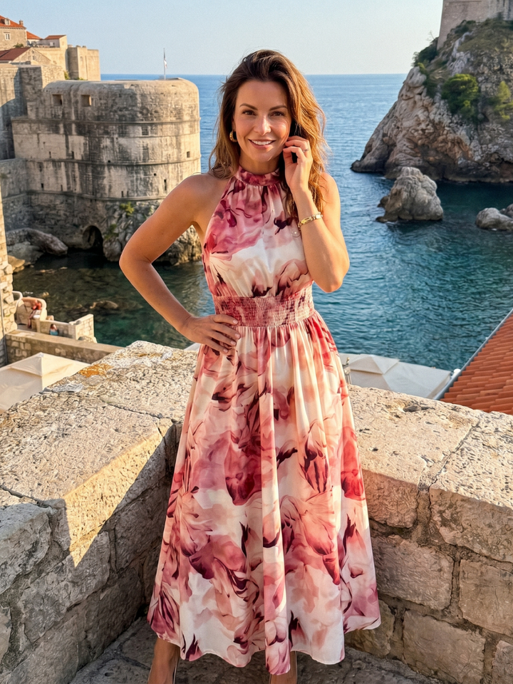 Olivia™ Robe midi à taille froncée et imprimé abstrait