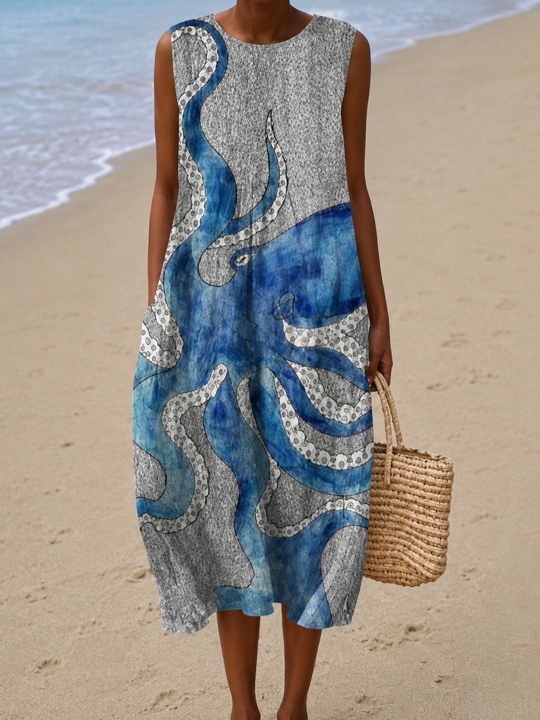 Caroline - Robe midi de plage sans manches imprimée et ample pour femme