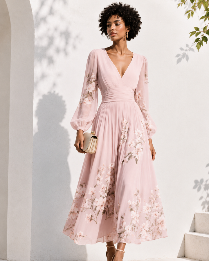 Robe longue élégante pour femme, avec un décolleté en V profond et des manches longues