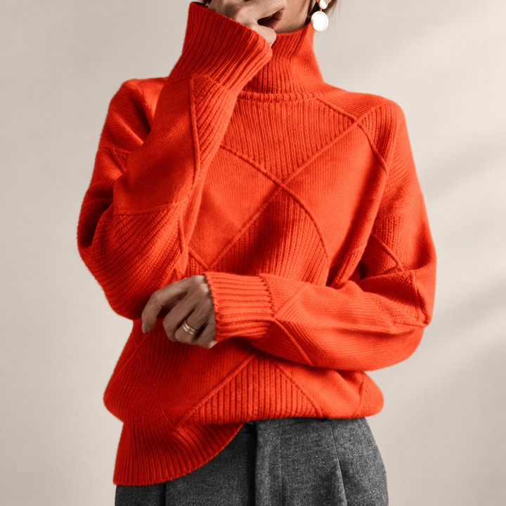 Solène | Pull Col Roulé en Maille Douce Motif Géométrique