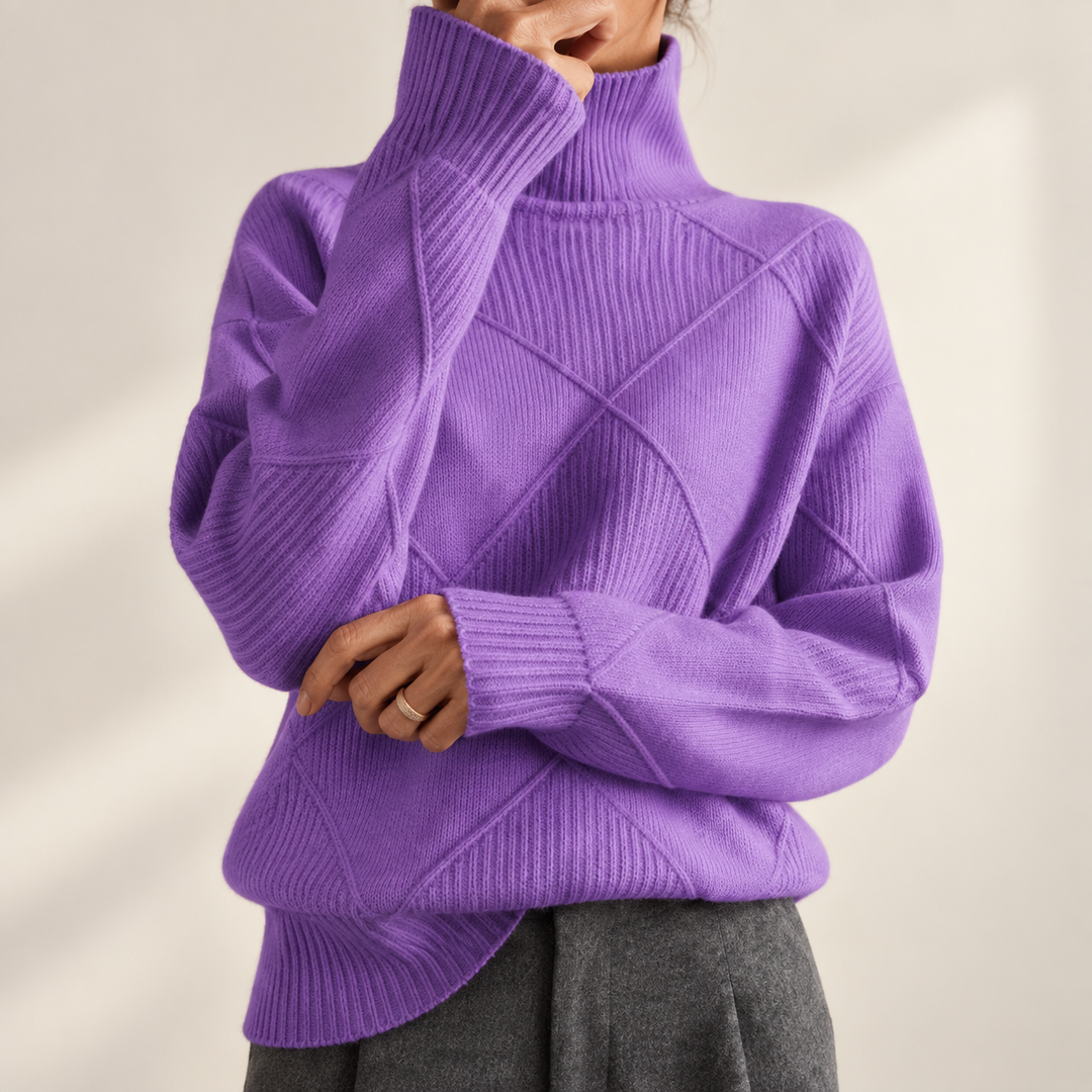 Solène | Pull Col Roulé en Maille Douce Motif Géométrique