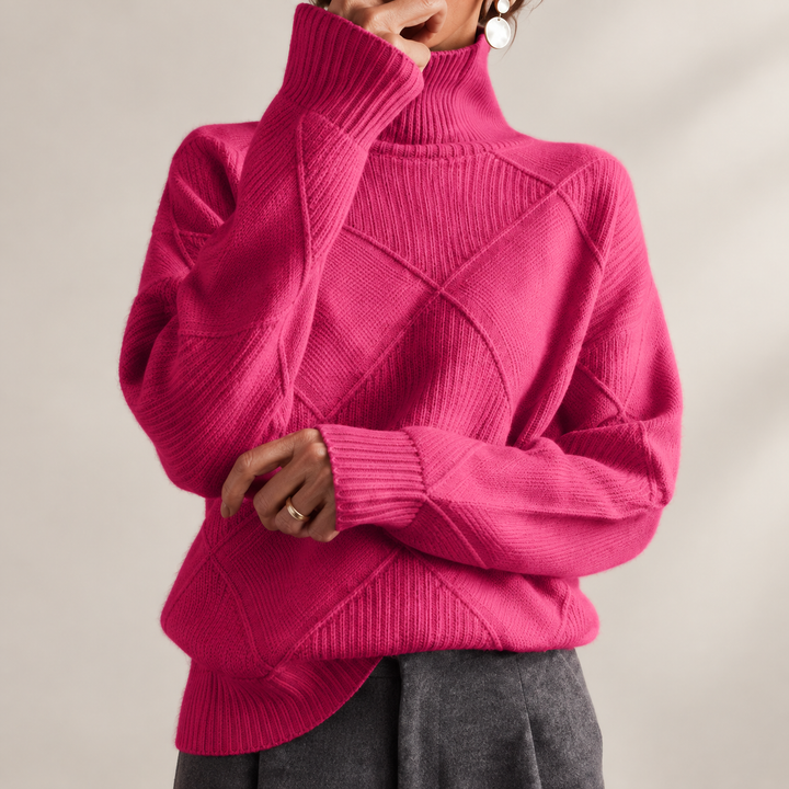 Solène | Pull Col Roulé en Maille Douce Motif Géométrique