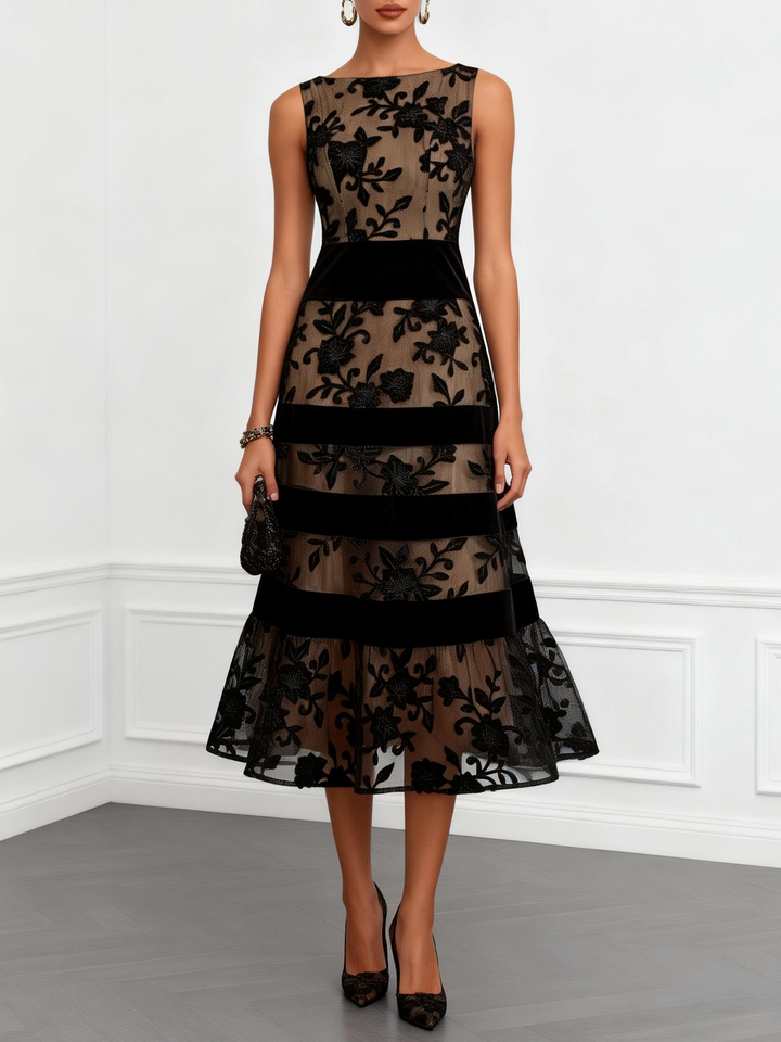 Robe midi noire en maille à fleurs sans manches ligne A