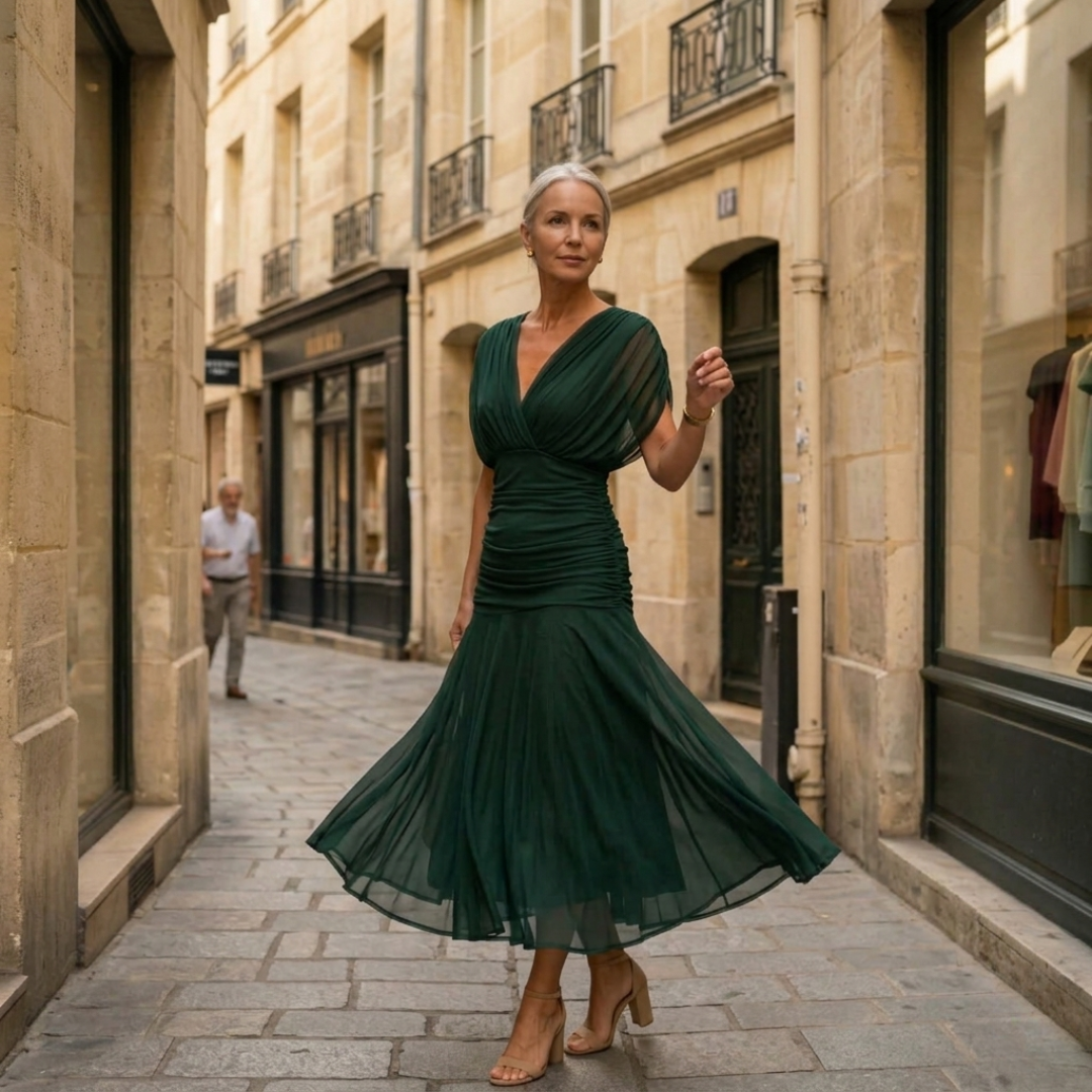 Diane | Robe Maxi Drapée à Col en V et Manches Voilées