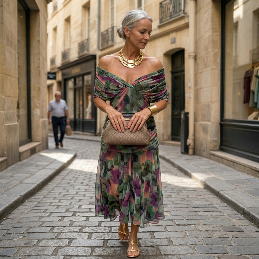Diane | Robe Maxi Drapée à Col en V et Manches Voilées