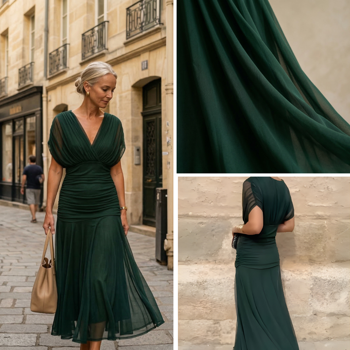 Diane | Robe Maxi Drapée à Col en V et Manches Voilées
