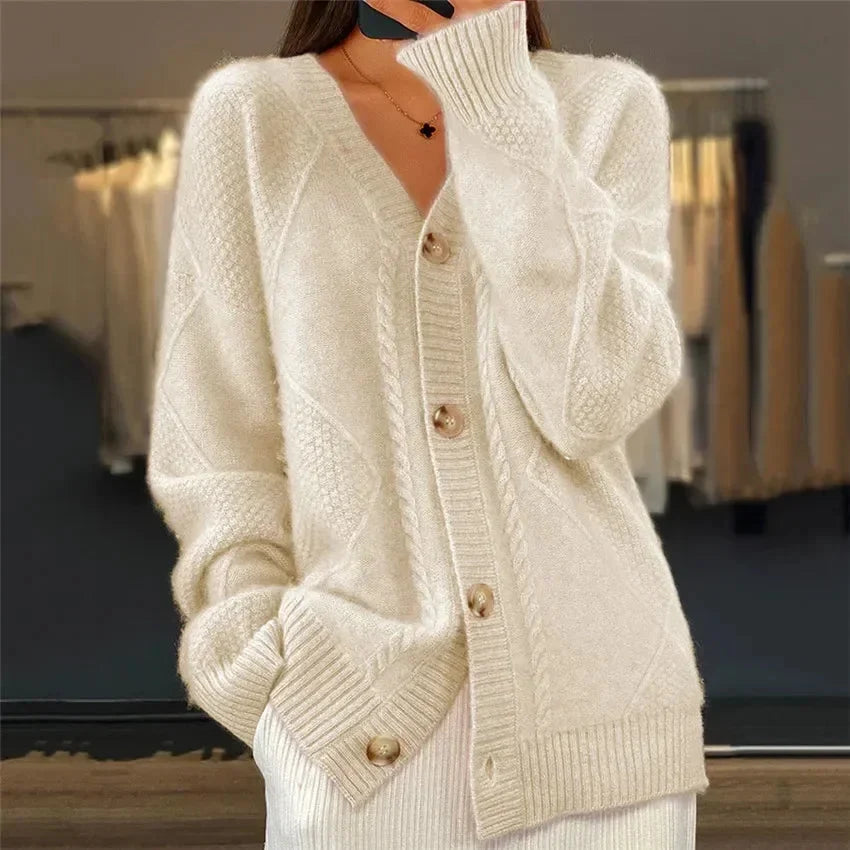 Aaliyah | Cardigan à Col V Boutonné avec Maille Losange, Couche du Quotidien