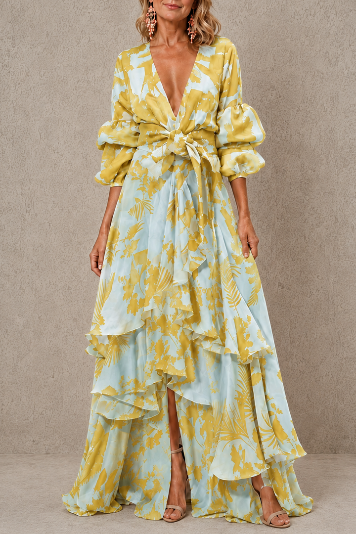 Victoria | Robe élégante à volants avec ceinture à nœud chic