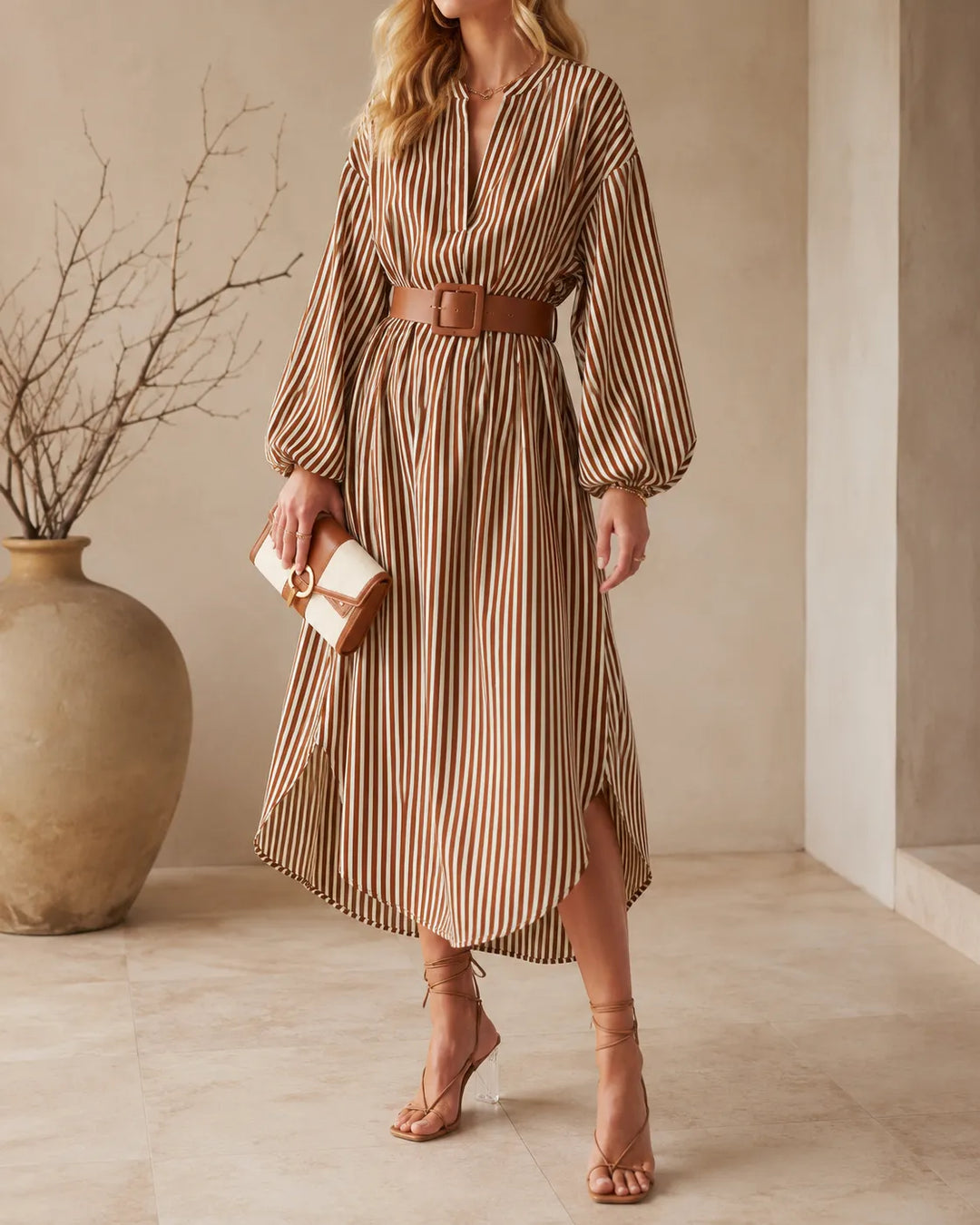 Sienna | Robe chemise midi rayée à ceinture