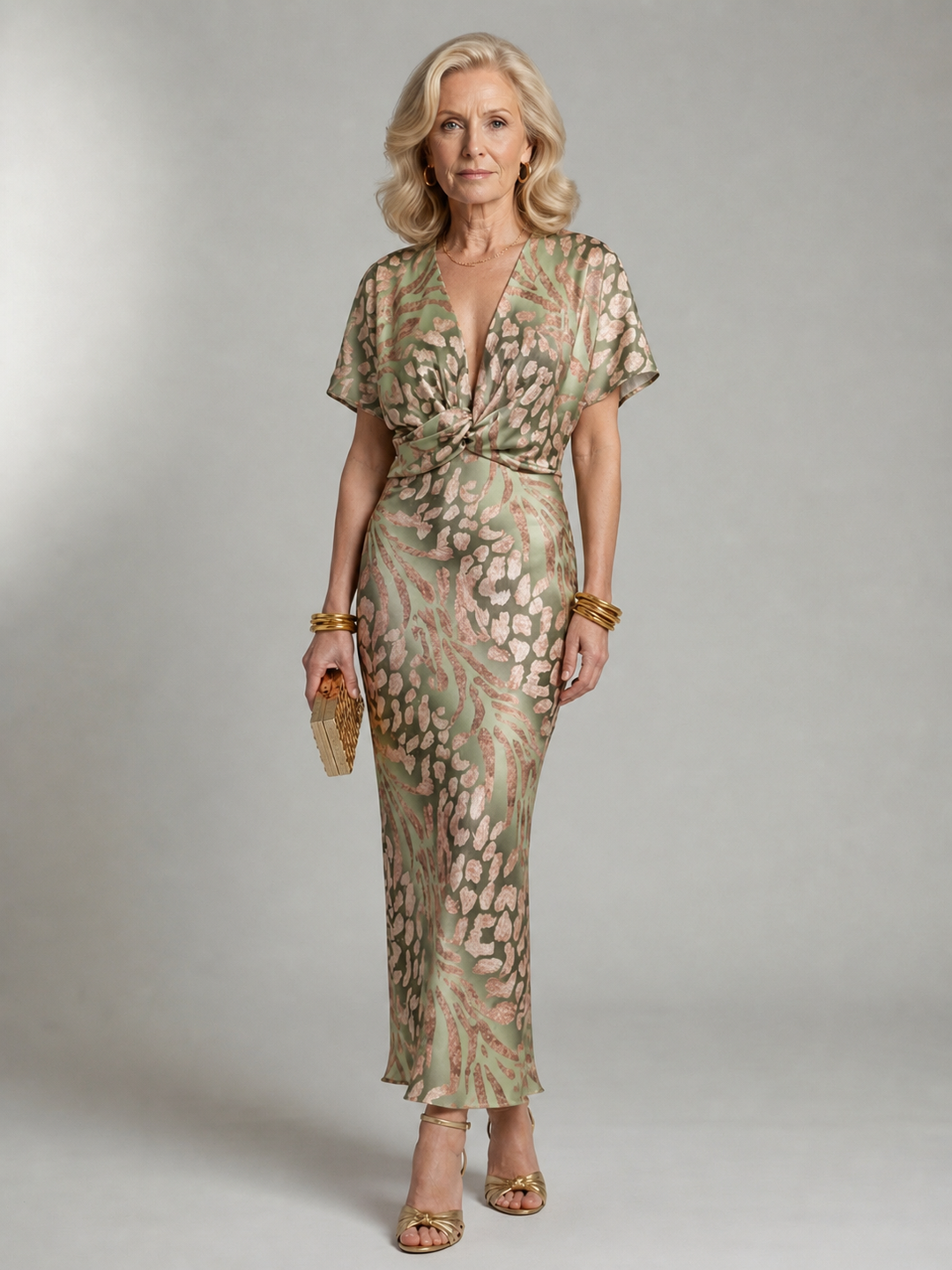Léonie | Robe Midi Col en V Imprimé Abstrait Taille Torsadée
