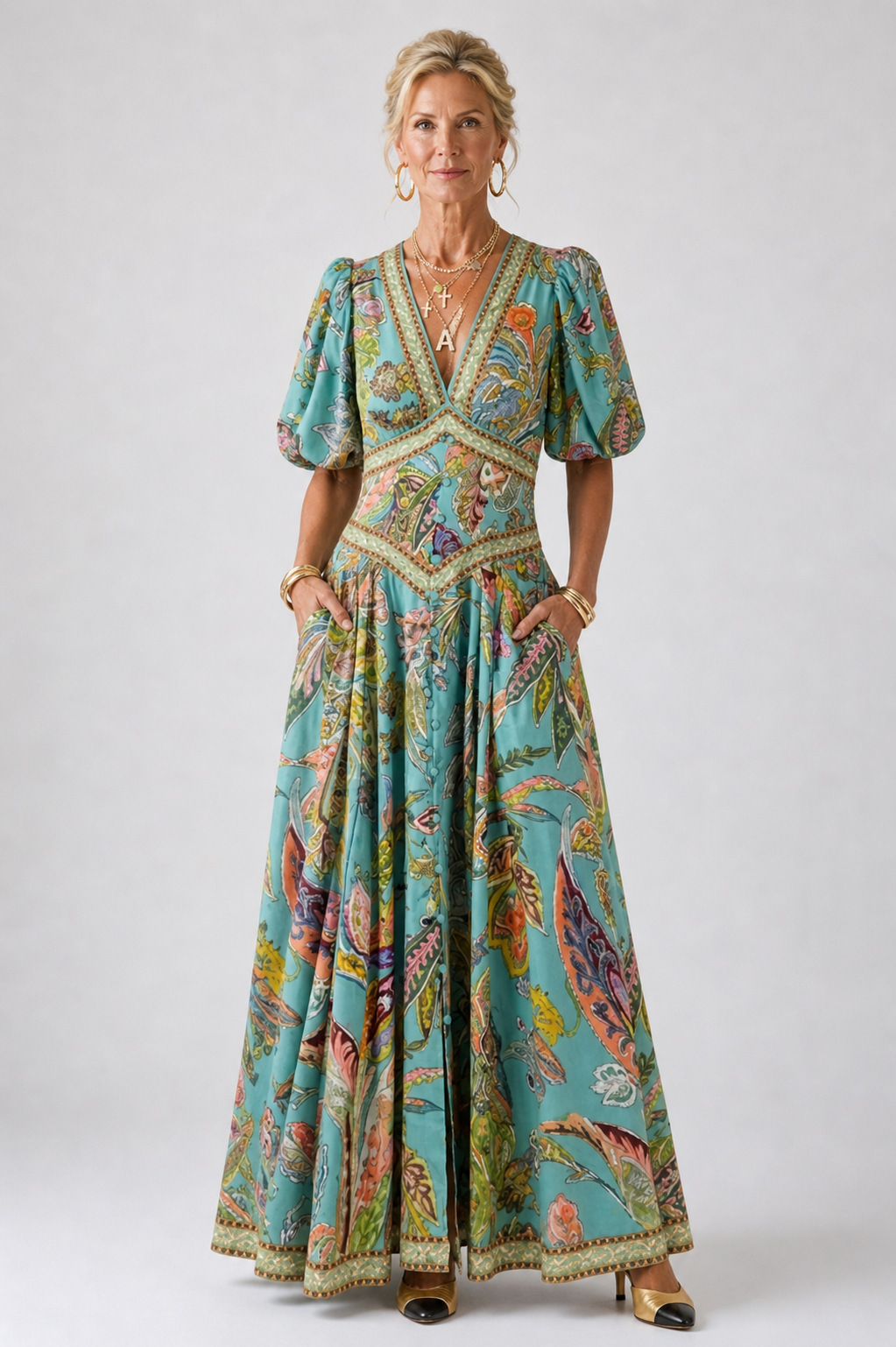 Blanche | Maxi Robe Aérienne Manches Bouffantes Col en V