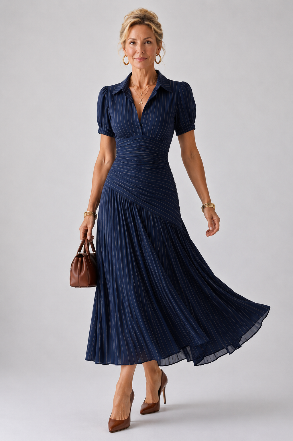 Theodora | Robe Midi à Rayures Taille Plissée