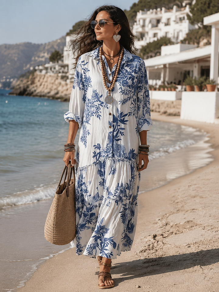 Robe longue boutonnée bohème à imprimé floral bleu