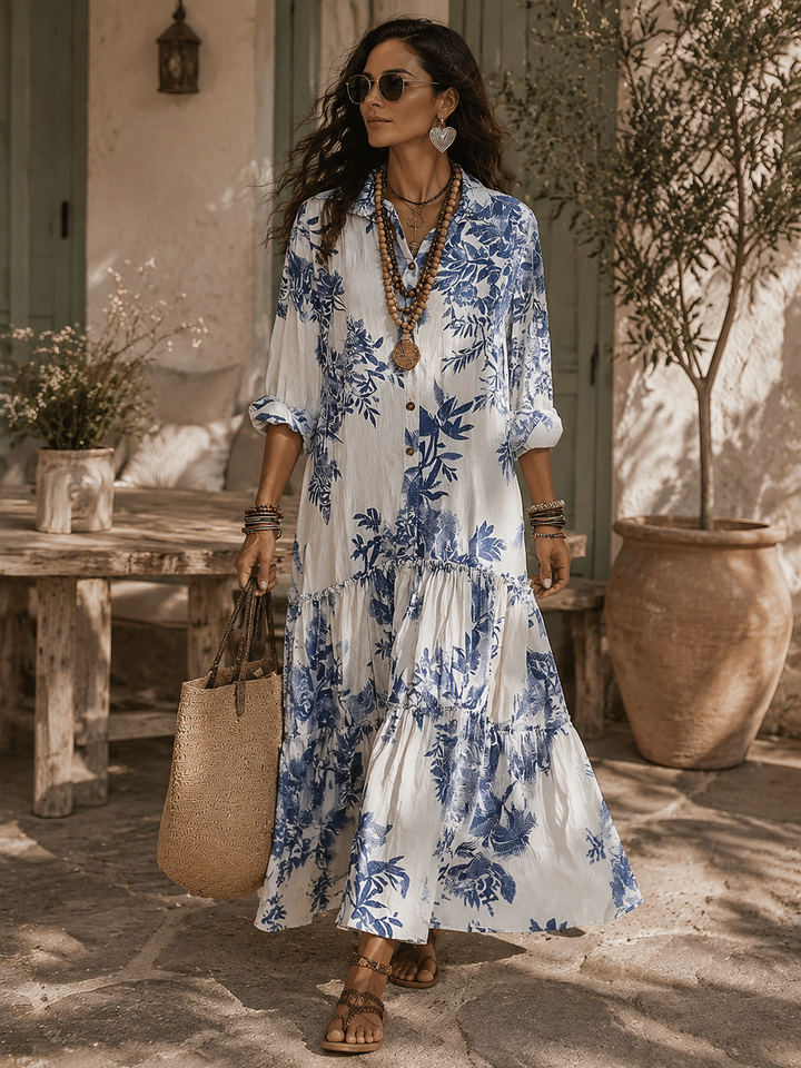 Robe longue boutonnée bohème à imprimé floral bleu