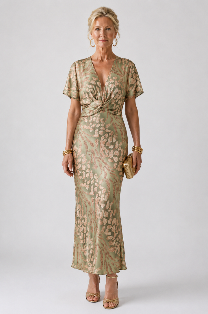 Léonie | Robe Midi Col en V Imprimé Abstrait Taille Torsadée