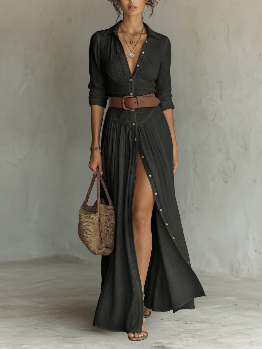 Robe longue à col crané et manches longues pour femme • S1