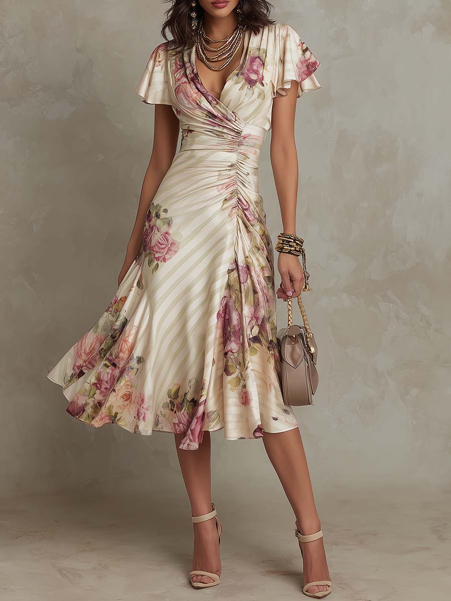 Alba | Élégante robe midi portefeuille froncée à imprimé floral