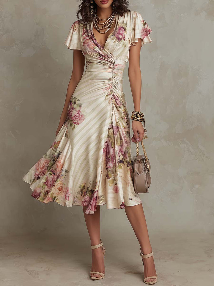 Alba | Élégante robe midi portefeuille froncée à imprimé floral