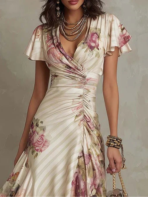 Alba | Élégante robe midi portefeuille froncée à imprimé floral