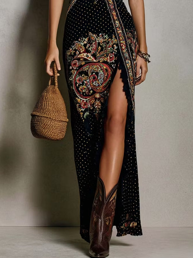 Robe imprimée de style bohème à col V plongeant et fente haute