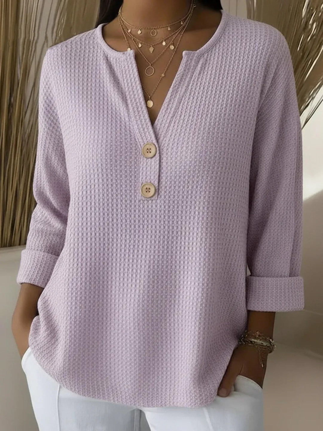 Lucie | T-shirt Henley à Texture Gaufrée avec Boutons