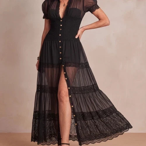 Sophia | Élégante robe longue en dentelle transparente