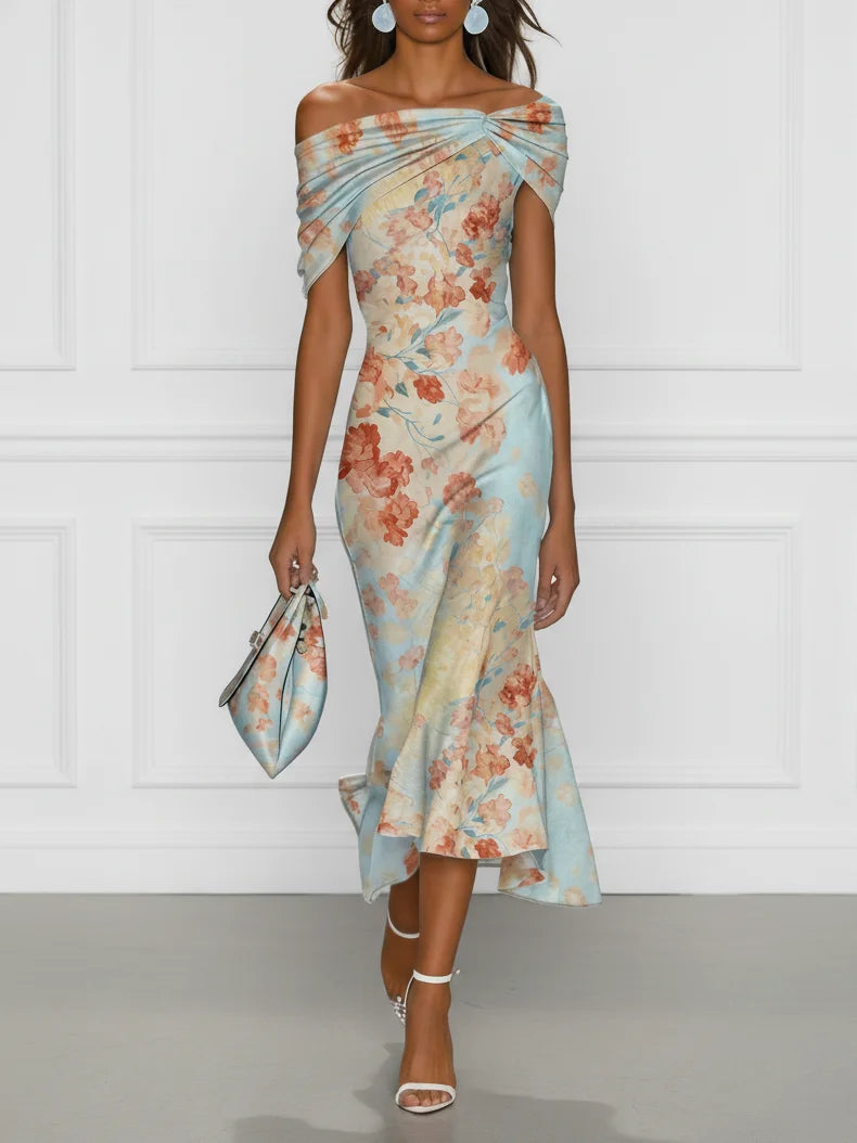 Vittoria - Robe midi coupe sirène sans manches à épaules dénudées et imprimé floral bleu