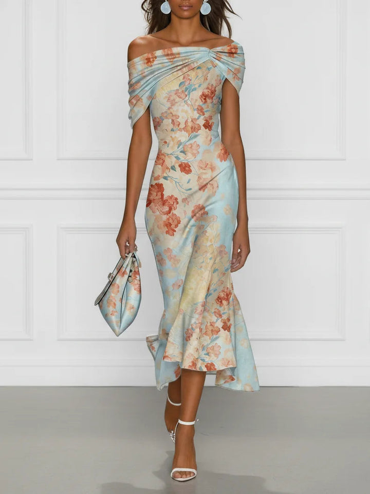 Vittoria - Robe midi coupe sirène sans manches à épaules dénudées et imprimé floral bleu