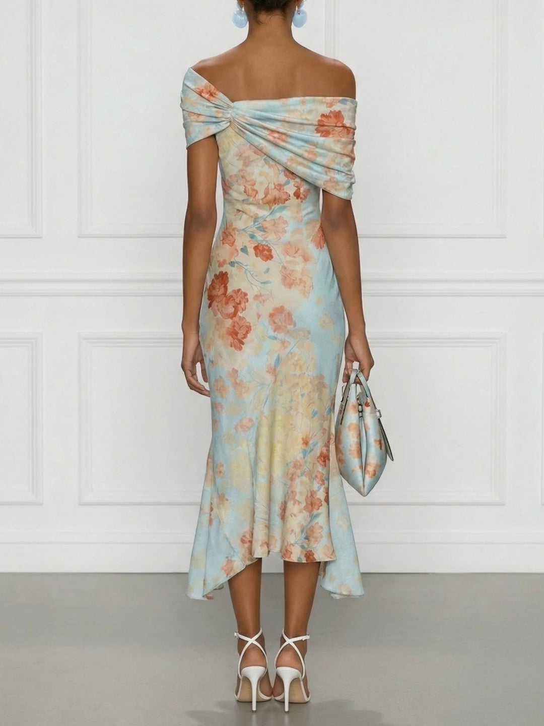 Vittoria - Robe midi coupe sirène sans manches à épaules dénudées et imprimé floral bleu