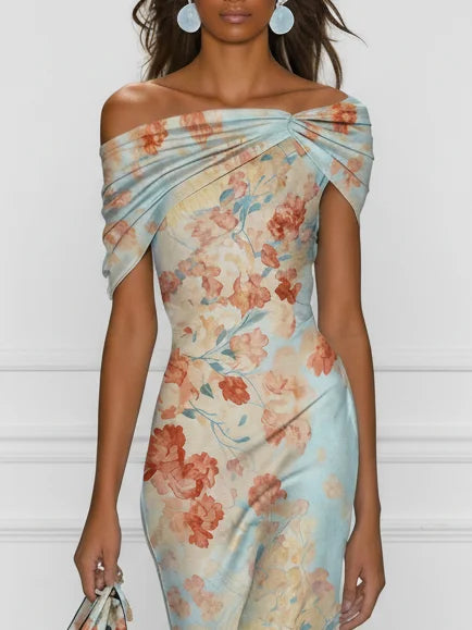 Vittoria - Robe midi coupe sirène sans manches à épaules dénudées et imprimé floral bleu