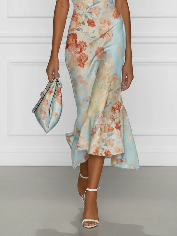 Vittoria - Robe midi coupe sirène sans manches à épaules dénudées et imprimé floral bleu