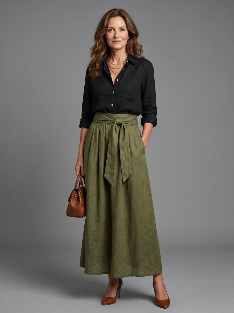 Vera | Ensemble 2 Pièces Blouse Noire Jupe Midi Vert Olive