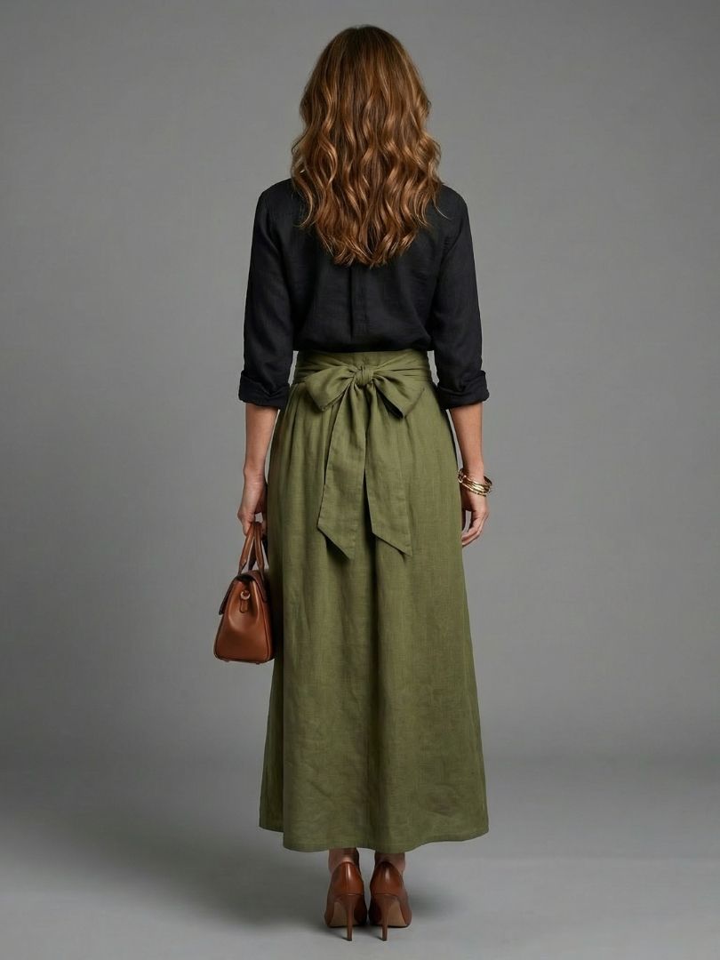 Vera | Ensemble 2 Pièces Blouse Noire Jupe Midi Vert Olive