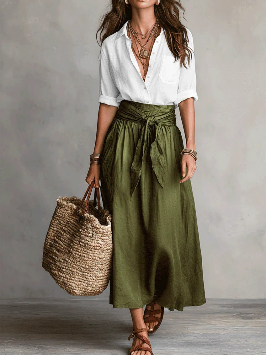 RIVER | Ensemble deux pièces : top noir et jupe midi vert olive
