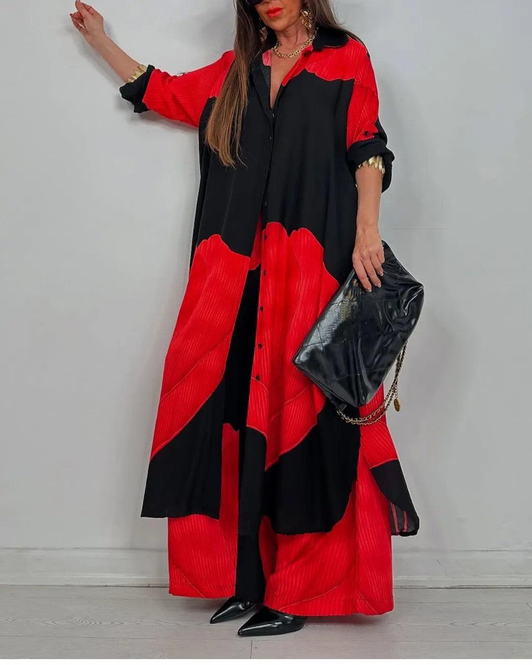 Ensemble décontracté pour femme avec haut patchwork à col en V et pantalon