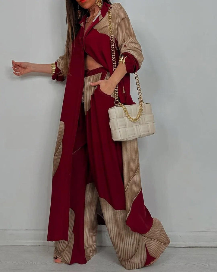 Ensemble décontracté pour femme avec haut patchwork à col en V et pantalon