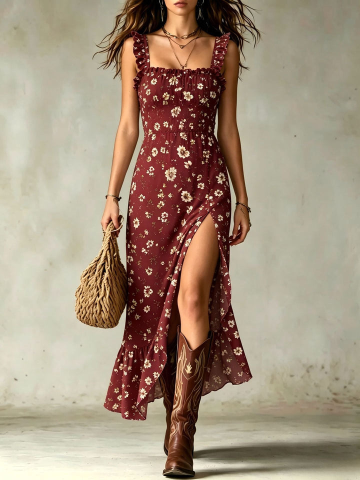 Robe longue fleurie à smocks avec détails volantés et fente latérale