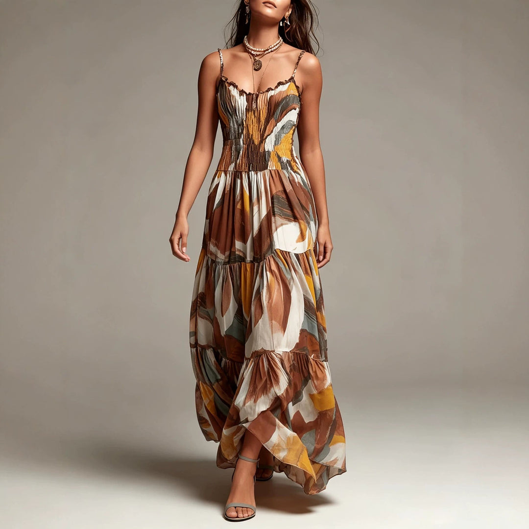 Robe longue à volants et smocks, imprimé abstrait