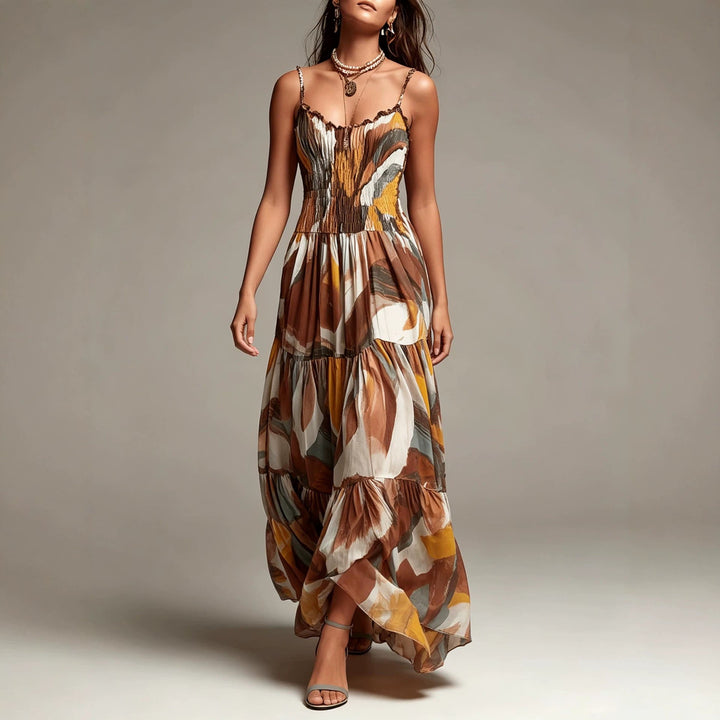 Robe longue à volants et smocks, imprimé abstrait