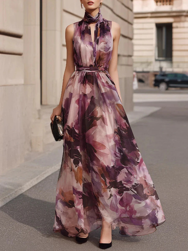 Robe longue fleurie à col noué avec ceinture à la taille