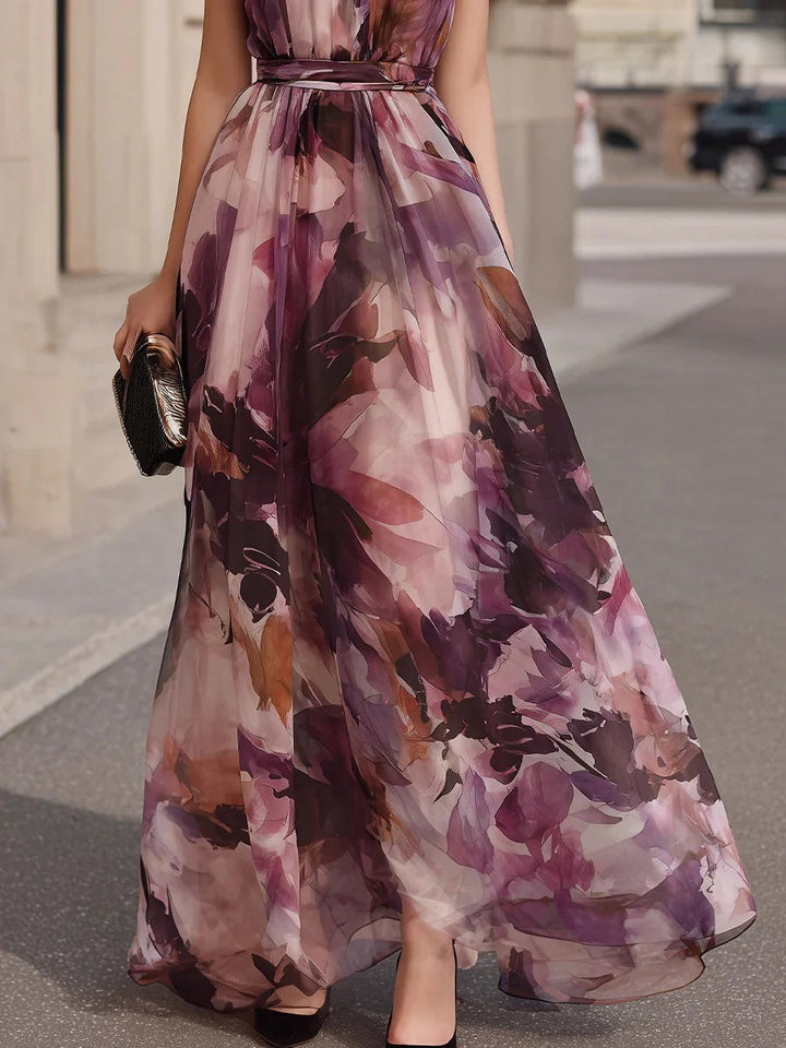 Robe longue fleurie à col noué avec ceinture à la taille