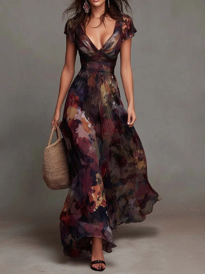 Robe longue plissée à col en V à imprimé floral aquarelle