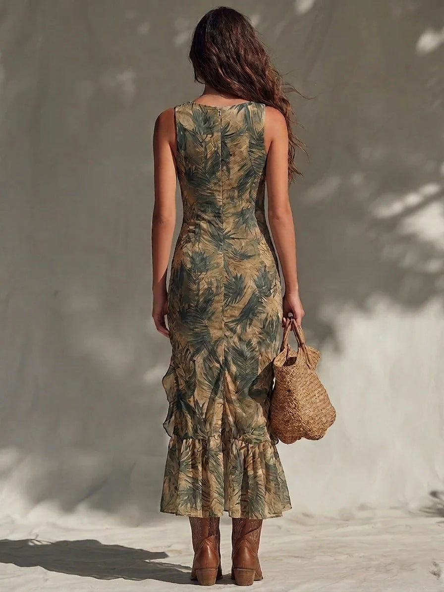 Robe longue fendue froncée à volants, imprimé palmiers