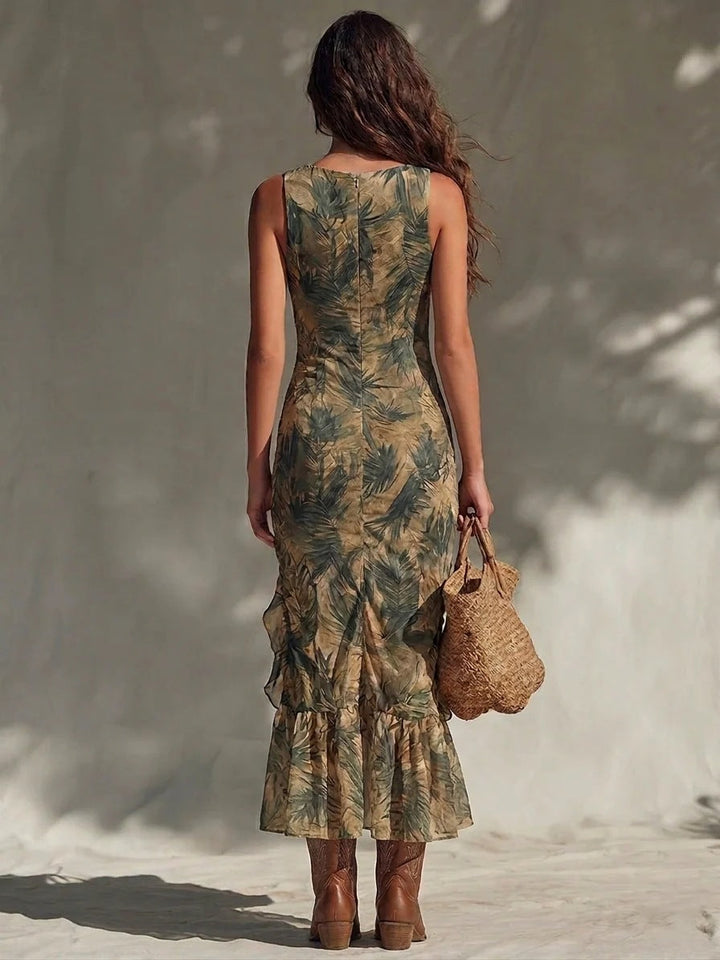 Robe longue fendue froncée à volants, imprimé palmiers