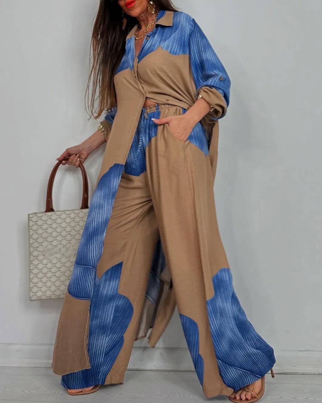 Ensemble décontracté pour femme avec haut patchwork à col en V et pantalon