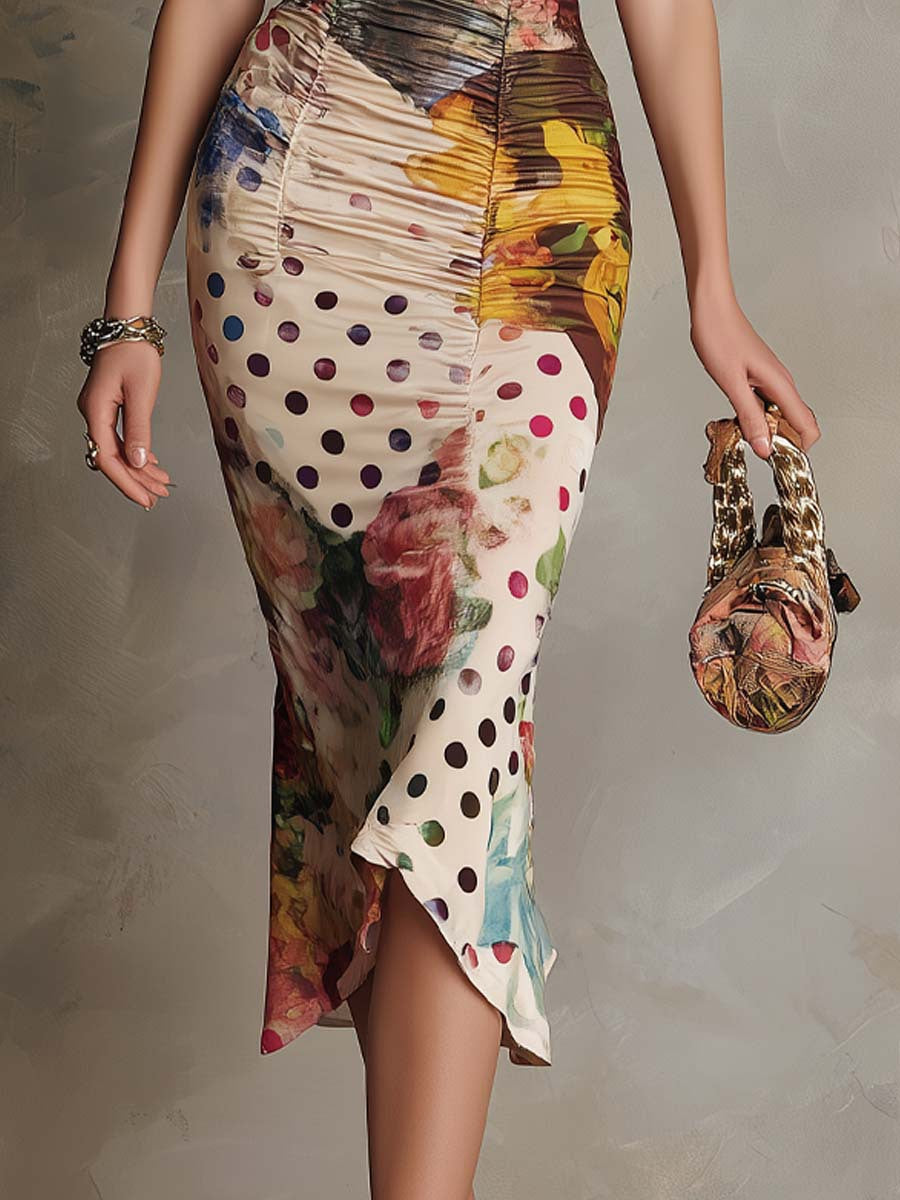 Robe midi moulante froncée à imprimés mixtes avec bordure en dentelle