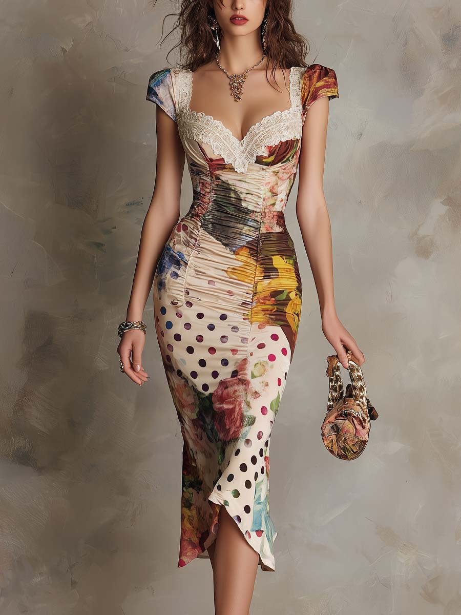 Robe midi moulante froncée à imprimés mixtes avec bordure en dentelle